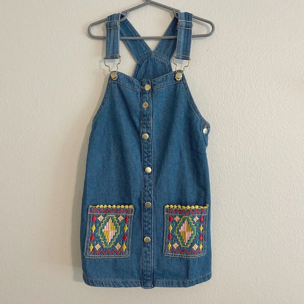 Little Lass Denim Jumper Dress Kids 6X‎ Blue Embroidered Pockets Boho